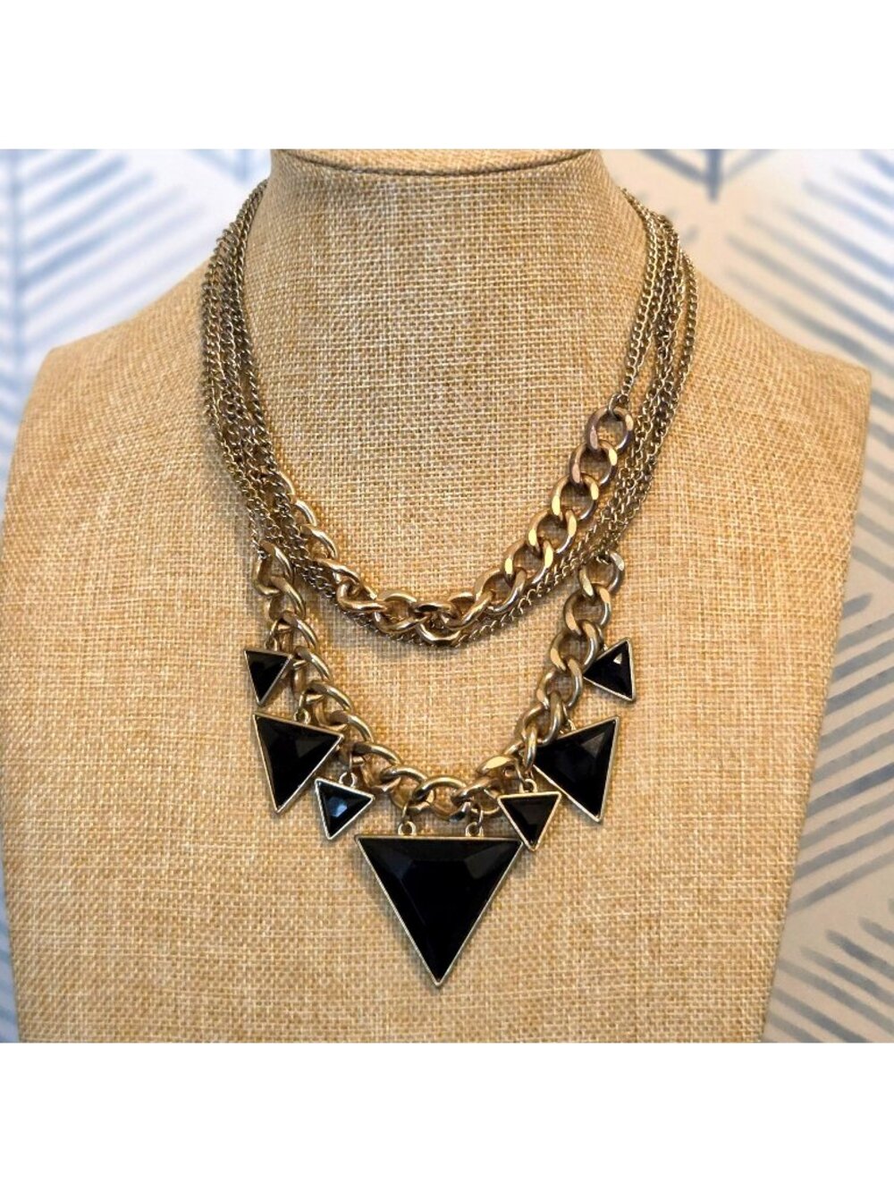 Multilayer Gold Tone 18" Necklace Black Faceted Triangle Dangle Accents